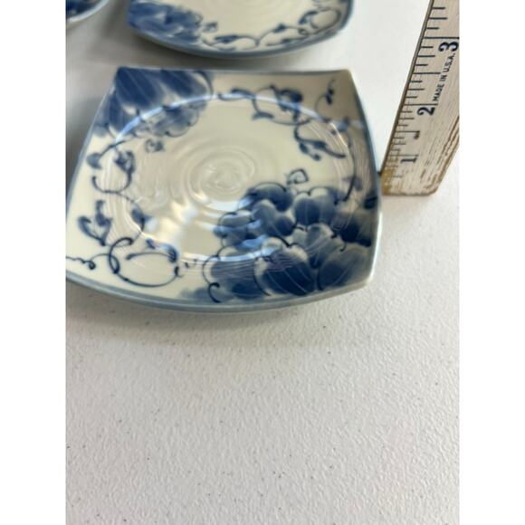 Asian Dessert Plate Set of 6 5.5" Square Blue Floral Pottery Ceramics - Picture 5 of 5